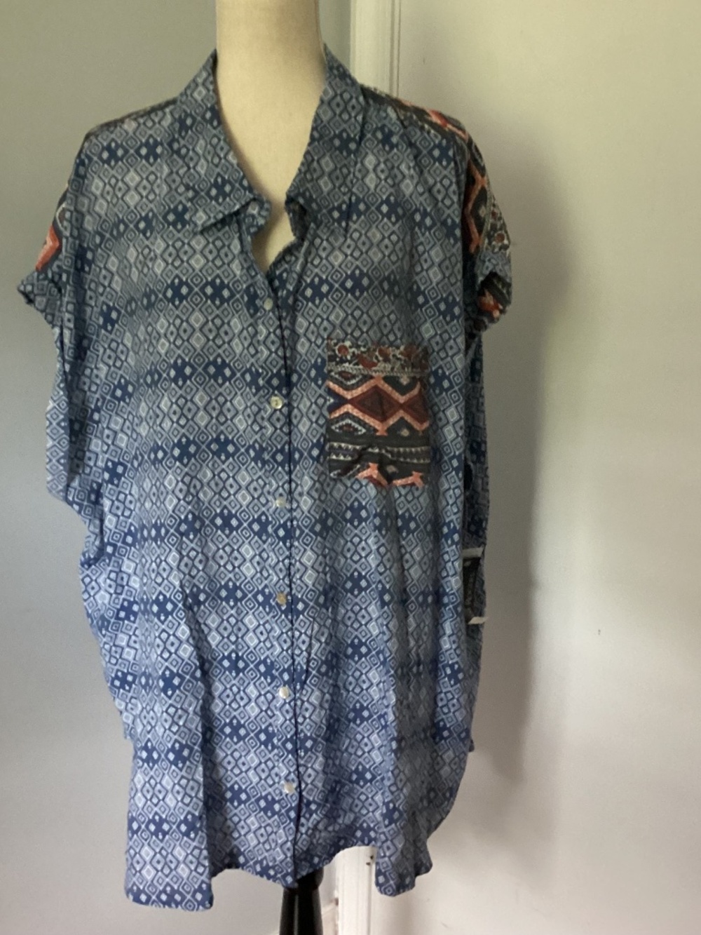NWT KIM ROGERS CURVY 3X BLOUSE TUNIC GEOMETRIC BLUE CORAL  AZTEC SOUTHWESTERN